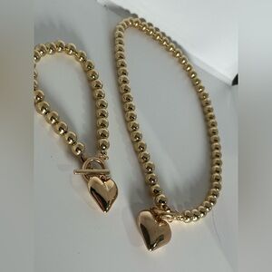 Gold Beaded Necklace & Bracelet Set with Heart Charm (B-62)